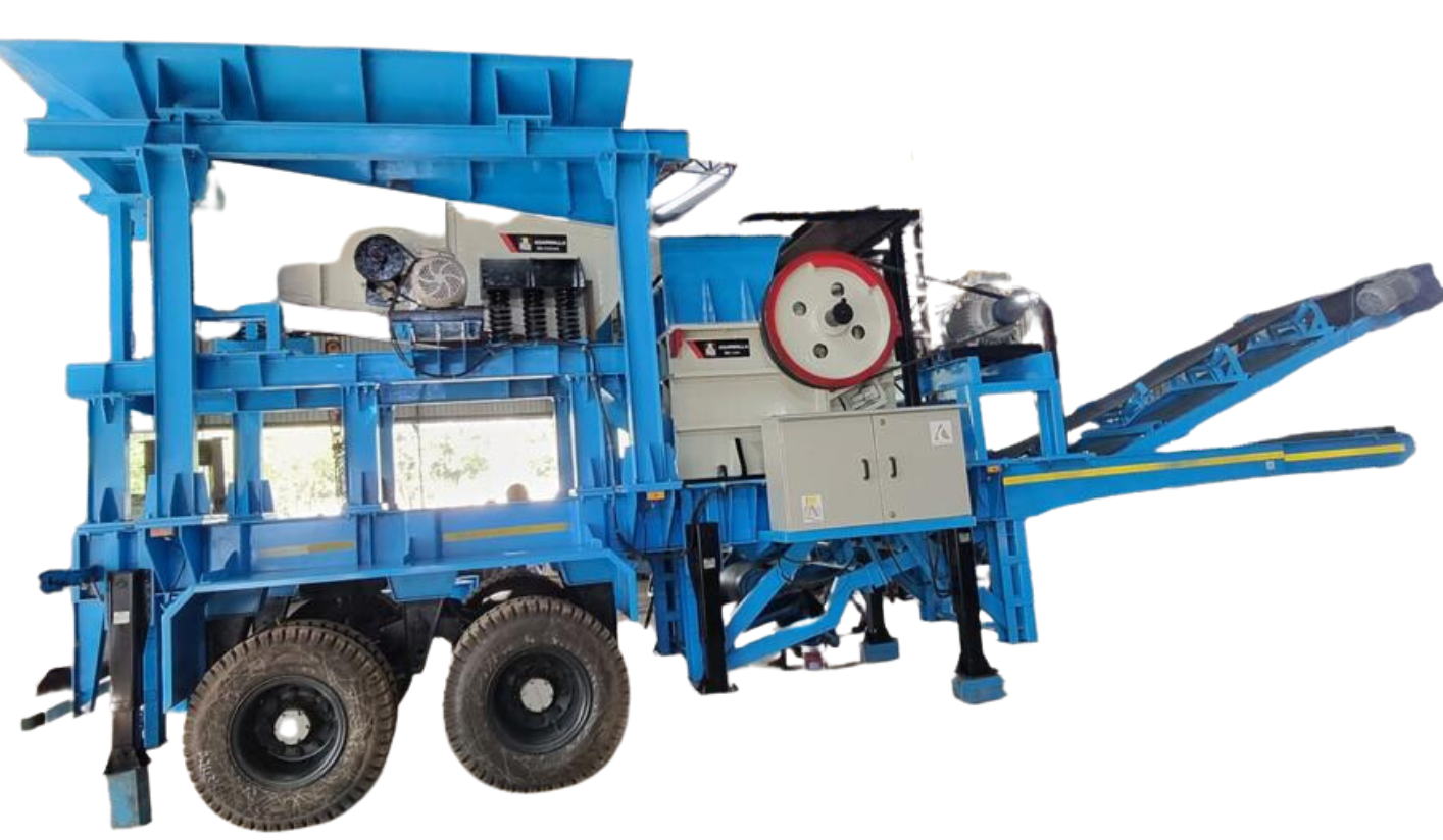Mobile stone crushing plant with powerful crushers, screening and conveyor systems processing stones for construction purposes
