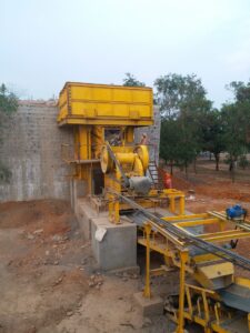 Civil Mounted stone crushing plant with powerful crushers, screening and conveyor systems processing stones for construction purposes
